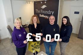 Bellway Sales Manager Zoe Dobbs, at The Foundry development in Hemel Hempstead with representatives from Herts Young Homeless and Emmaus Hertfordshire.