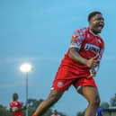 Ricardo German celebrates his goal at Aveley on Monday. Photo: Jemma Sear/HHTFC.