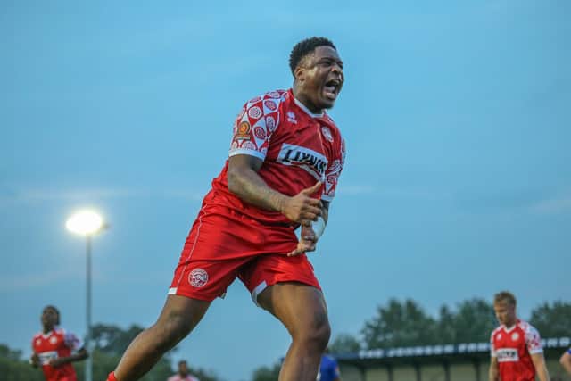 Ricardo German celebrates his goal at Aveley on Monday. Photo: Jemma Sear/HHTFC.