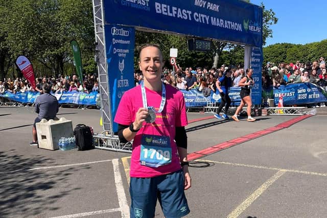 Amy finished the Belfast Marathon in 5hr8m