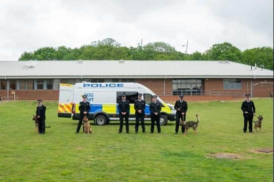The four police dogs with their handlers