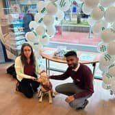 Hearing Dogs Volunteer, Claire Wallace, with Angus & Specsavers Hemel Hempstead Hearing Aid Dispenser Trainee, Anton Rajasooriya.