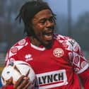 Brandon Barzey celebrates scoring against Chippenham. Photo: Jemma Sear/HHTFC.