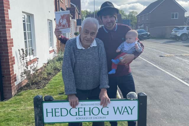 Bert with his grandson, Ben and his great-grandson at Hedgehog Way in Northchurch last year.