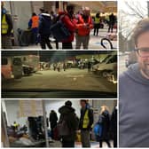 Left:  Pictures show the refugee camps at the Ukrainian border in March. RIGHT: Matt (on the left) from Berkhamsted & Tring Ukraine Hosting Network with Andrii, the brother of a refugee that Matt transported to Germany.