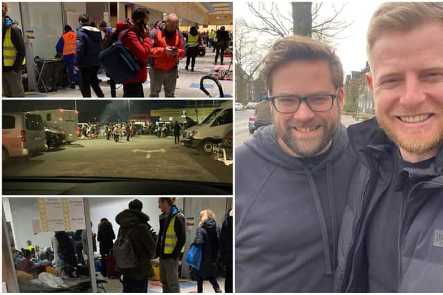 Left: Pictures show the refugee camps at the Ukrainian border in March. RIGHT: Matt (on the left) from Berkhamsted & Tring Ukraine Hosting Network with Andrii, the brother of a refugee that Matt transported to Germany.