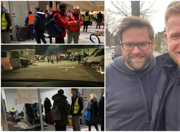 Left:  Pictures show the refugee camps at the Ukrainian border in March. RIGHT: Matt (on the left) from Berkhamsted & Tring Ukraine Hosting Network with Andrii, the brother of a refugee that Matt transported to Germany.