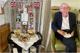 Picture: Memorial board (left) and a resident enjoying a jam scone in honour of Her Majesty.