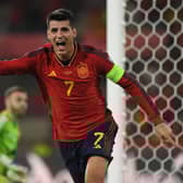 Spain's Alvaro Morata celebrates scoring the opener in the 2-0 win over Scotland. (Photo by JORGE GUERRERO/AFP via Getty Images)