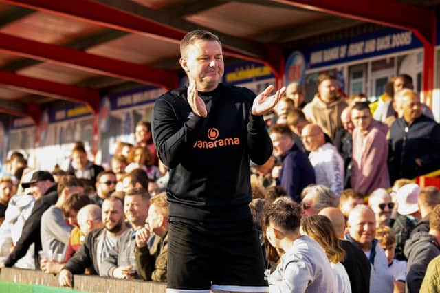 Brad Quinton applauds fans after Saturday's win. Photo: Hemel Hempstead Town FC.