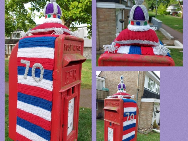 Knitted crown and cushion on a postbox
Photo: Chris Allsop