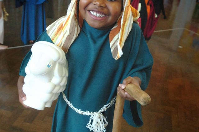 Jacqueline Sam (7) as a shepherd at Chaulden Infants School, Hemel Hempstead.