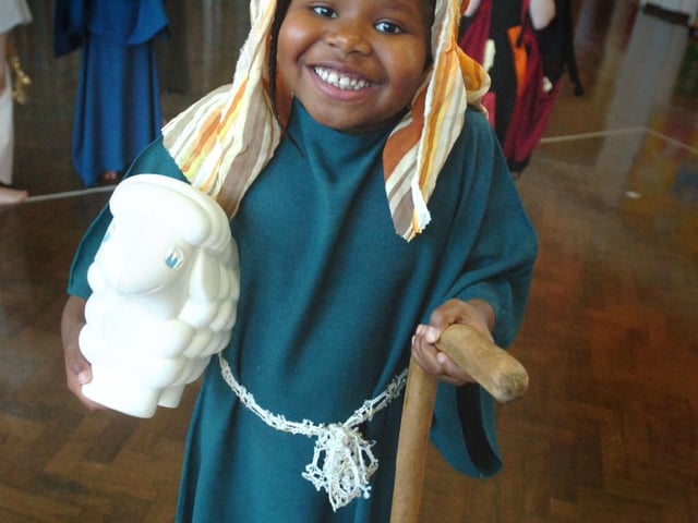 Jacqueline Sam (7) as a shepherd at Chaulden Infants School, Hemel Hempstead.