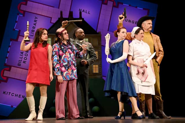 (L-R) Ellie Leach as Miss Scarlett, Edward Howells as Professor Plum, Gabriel Paul as Reverend Green, Hannah Boyce as Mrs Peacock, Dawn Buckland as Mrs White and Jason Durr as Colonel Mustard in the hilarious new comedy Cluedo 2, which tours the UK until 27 July, as Strictly Come Dancing winner Ellie Leach makes her stage debut in 2024, starring as Miss Scarlett in the UK tour of Cluedo 2. Photo from:  Dave J Hogan)