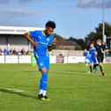 Former Hemel man Ky Marsh-Brown celebrates scoring for Peterborough Sports. Photo: James Richardson.