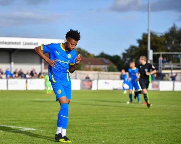 Former Hemel man Ky Marsh-Brown celebrates scoring for Peterborough Sports. Photo: James Richardson.