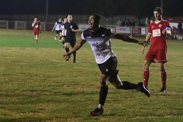 Lynton Goss celebrates one of his goals at Didcot. Photo: Berkhamsted FC.