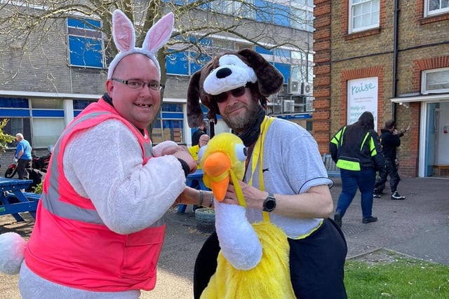 Riders Gavin and Steve outside the hospital after arriving with the chocolate eggs.