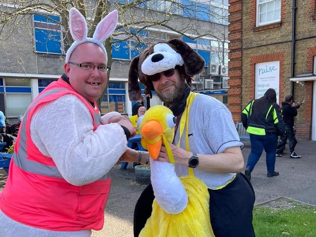 Riders Gavin and Steve outside the hospital after arriving with the chocolate eggs.