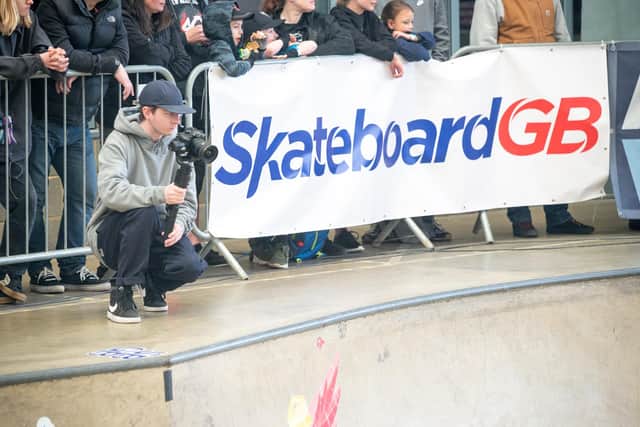 Skateboard GB banner at the vent hosted at Jarman Park's XC.