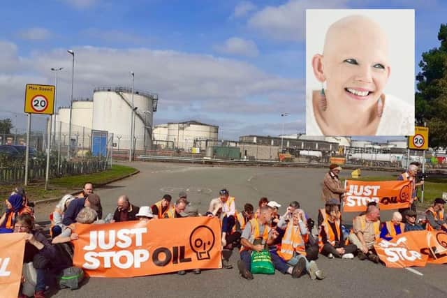 Protestors outside Kingsbury oil depot, inset: Sue Hampton