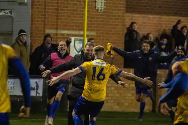 Berkhamsted celebrate their late winner on Tuesday night. Photo: Robson O'Reardon.