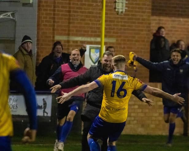 Berkhamsted celebrate their late winner on Tuesday night. Photo: Robson O'Reardon.