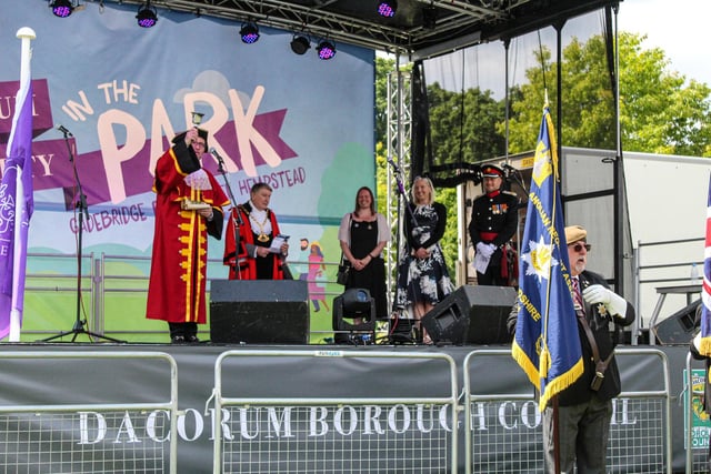 Hemel Hempstead's town crier on stage at The Platinum Party in the Park.
