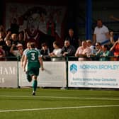 Josh Williams celebrates his goal with the Hemel Hempstead fans. Photo: HHTFC.