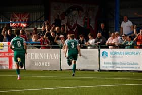 Josh Williams celebrates his goal with the Hemel Hempstead fans. Photo: HHTFC.