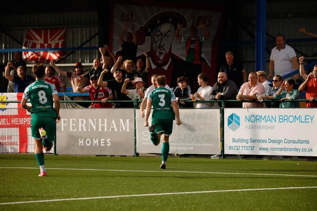 Josh Williams celebrates his goal with the Hemel Hempstead fans. Photo: HHTFC.