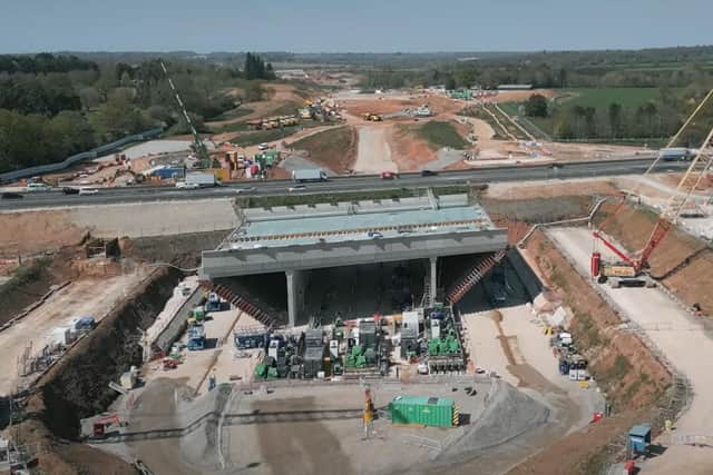 The giant box structure has now been moved into place under the A46 Kenilworth Bypass. Image taken from HS2's video.