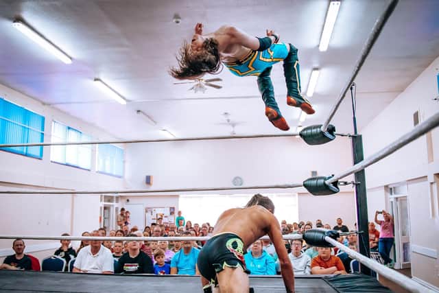 A backflip/moonsault attempt, the opposition sees it coming and moves out of harms way