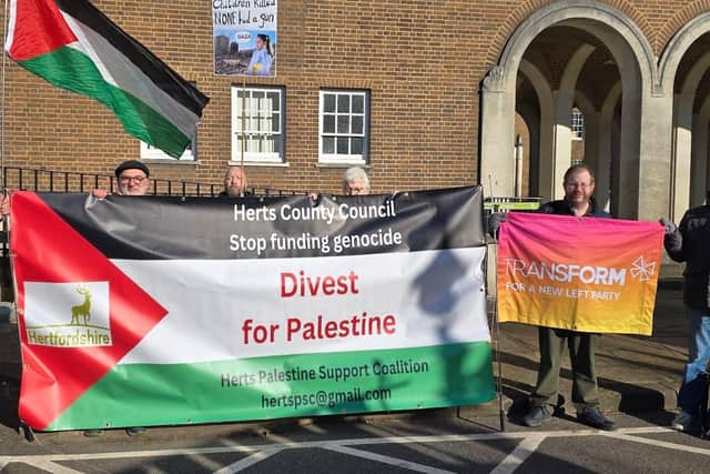 Some of the Herts Palestine Support Coalition members who gathered outside County Hall on Monday
