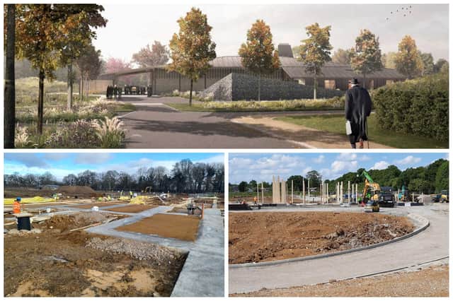 Top: How the crematorium will look when it is complete and below, construction work under way
