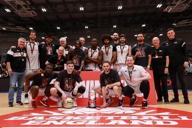 Hemel Storm celebrate their play-off win in 2023 which capped a perfect season. Photo: England Basketball.