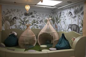 Pictured: Indoor soft play area decorated with jungle wallpaper.