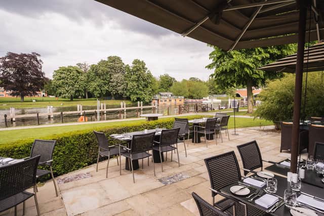 The hotel’s patio area with views over the Thames
