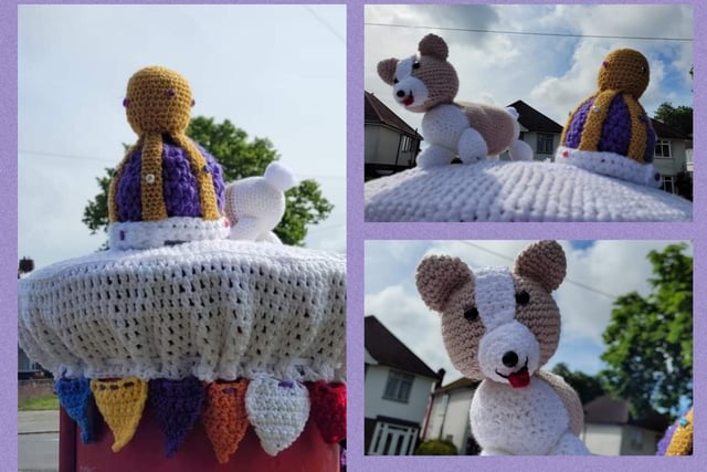 A knitted dog and a prop crown by the yarn bomb group in Hemel Hempstead. 
Photo: Chris Allsop