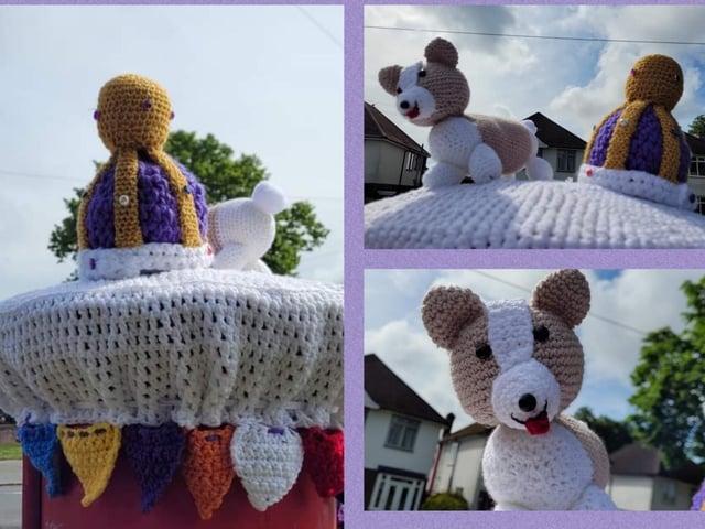 A knitted dog and a prop crown by the yarn bomb group in Hemel Hempstead.
Photo: Chris Allsop