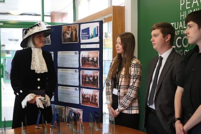 Liz Green, the High Sheriff of Herts, pictured meeting students at John F Kennedy School