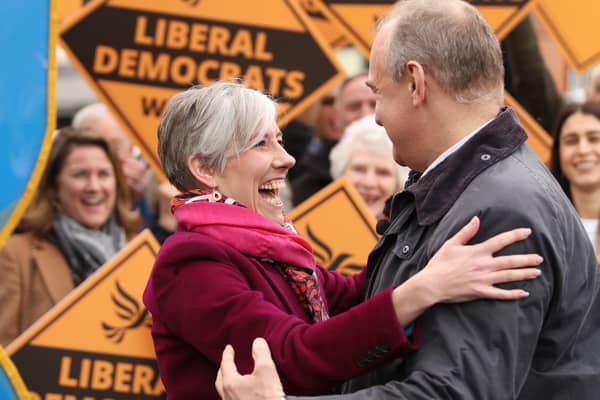St Albans MP Daisy Cooper greets Liberal Democrat leader Sir Ed Davey at the party's campaign launch in Harpenden, Hertfordshire. Credit: Will Durrant/LDRS