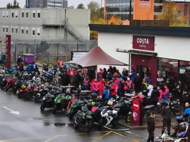 Participants in the bike ride in Leo's memory gather outside Costa Coffee in Hemel Hempstead, the starting point for the memorial ride