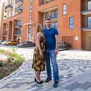 •	(inset) Sebastian and Joanna outside the block of apartments where they live at Bellway’s Copperhouse Green development in Dartford