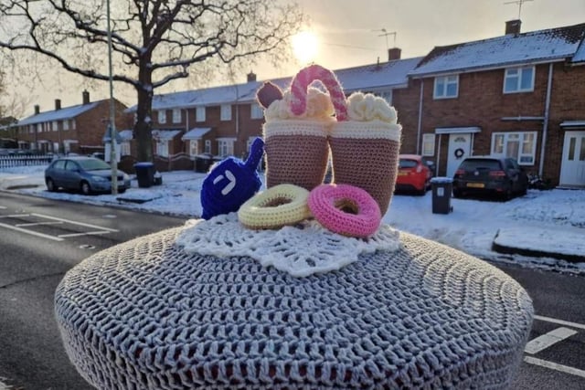 The doughnut, hot drink and dreidel are on Boxted Road