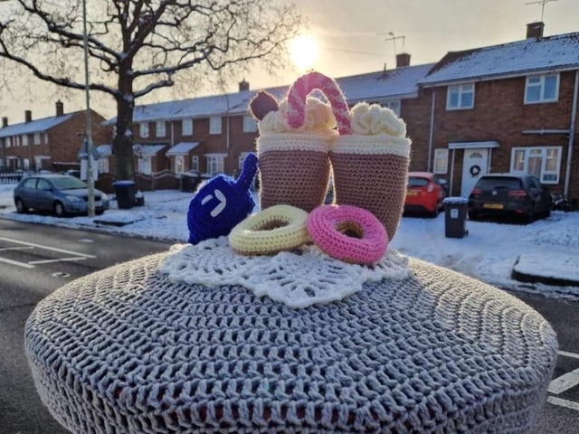 The doughnut, hot drink and dreidel are on Boxted Road