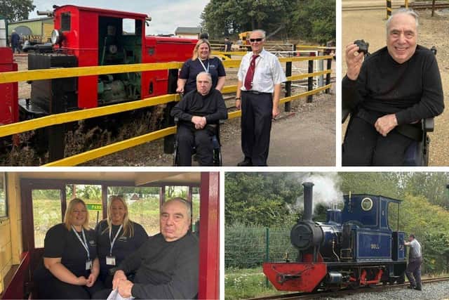 Pictured: Michael with Caremark Care Assistants Louise Swift and Melissa Hewitt and staff at Leighton Buzzard Railway.