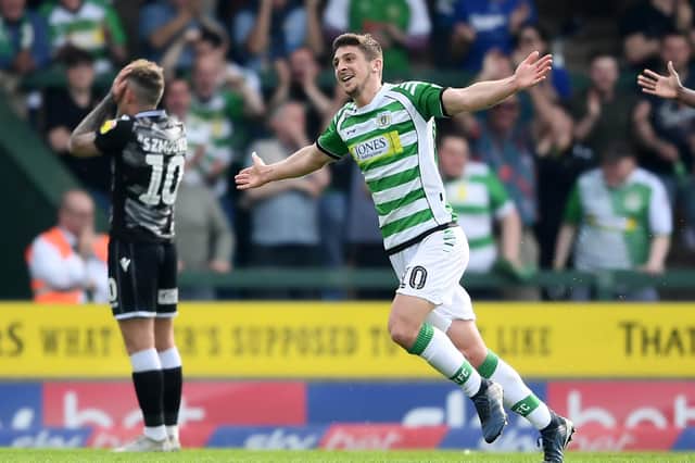 Jake Gray celebrates scoring for Yeovil Town in League Two. Photo: Getty Images.