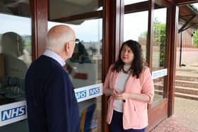 Victoria speaking to a constituent outside a GP surgery
