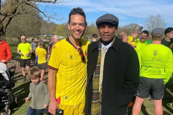 Ethan's dad Jim King with Luther Blissett at Ethan's Parkrun in Gadebridge Park Hemel